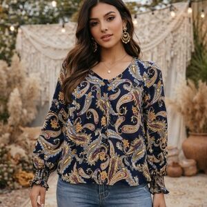 Laura Paisley Print Long Sleeve Blouse | Navy Boho Chic Smocked Cuff Lightweight